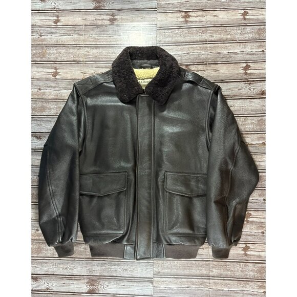 LL Bean Goat Skin Leather woolpile Sherpa lined Bomber Jacket Size M vintage - Picture 1 of 8